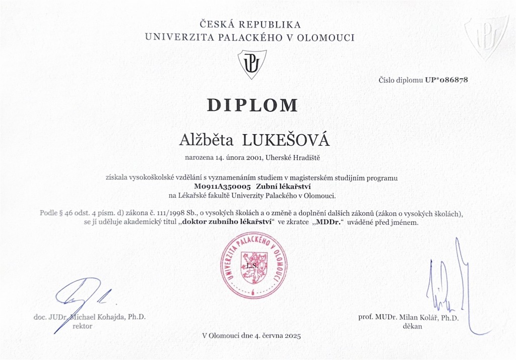 MDDr. Alžběta Lukešová – diplom 2