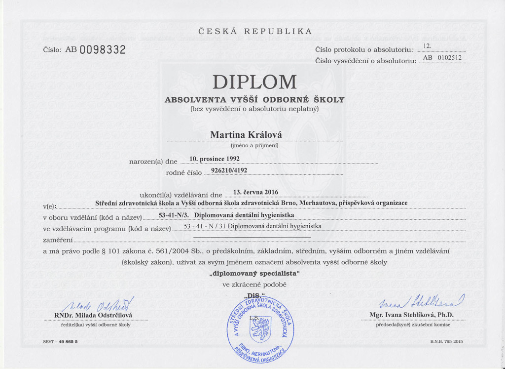 Martina Šiftová Králova, DiS. – diplom 3